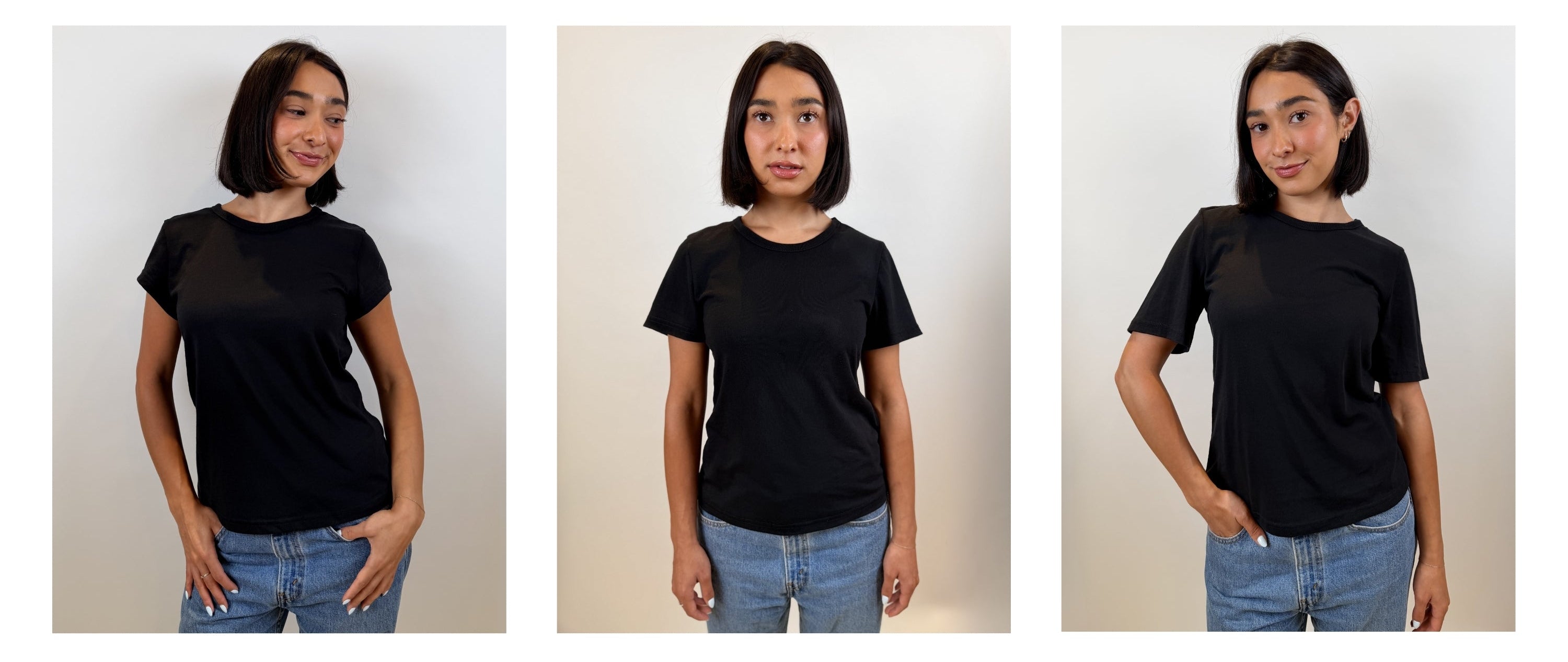 A three-panel photo of a woman modeling a plain black short-sleeve T-shirt with light blue jeans against a light neutral wall.